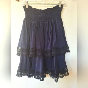Maje Jaglia Tiered Skirt Navy/Black Lace Trim Smocked Waist Womens Size M